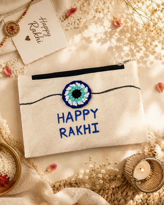 Rakhi Special Gift Combo – Handmade Wooden evil eye and inhale peace- Set with Canvas Pouch