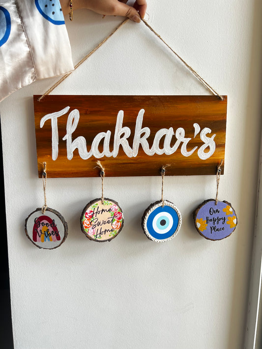 Custom Family Name Plate with 4 Personalised Charms | Rustic Home Decor