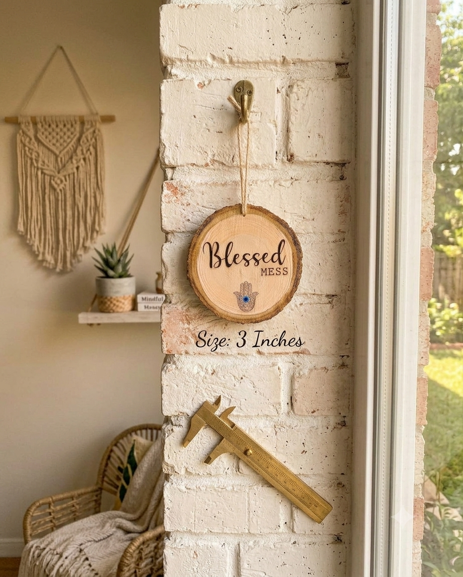 Blessed Mess Hamsa Wood Slice Hanging Decor – Boho Evil Eye Wall Ornament