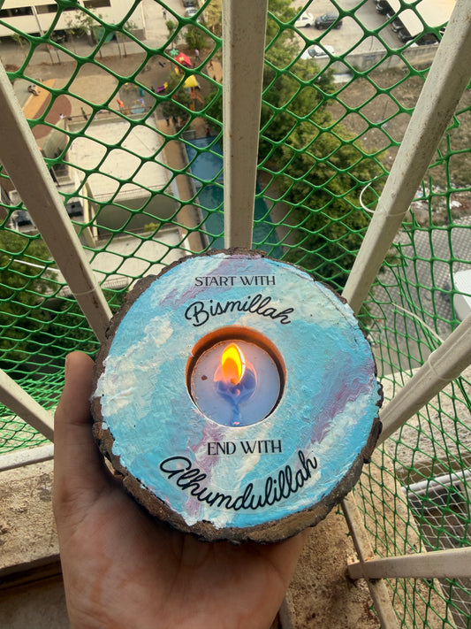 Handcrafted "Bismillah & Alhamdulillah" Wooden T-Light Candle Holder | 5-Inch Islamic Home Decor