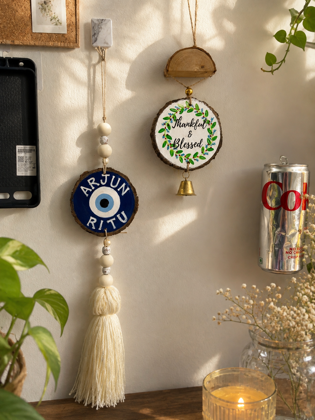 Couple name customised on Evil eye - wWith long threads and beads