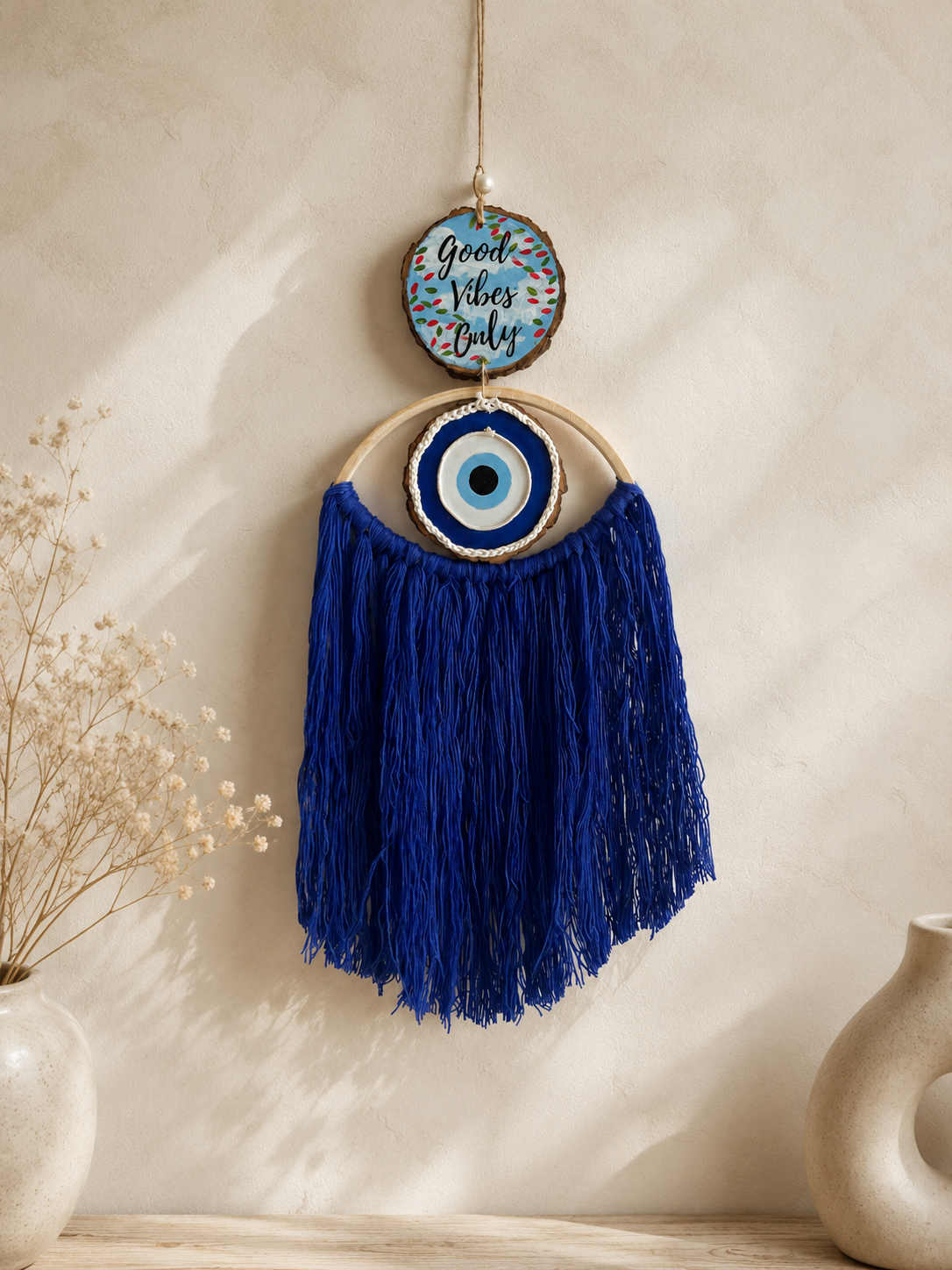 Good vibes only with Blue macrame evil eye- long threads