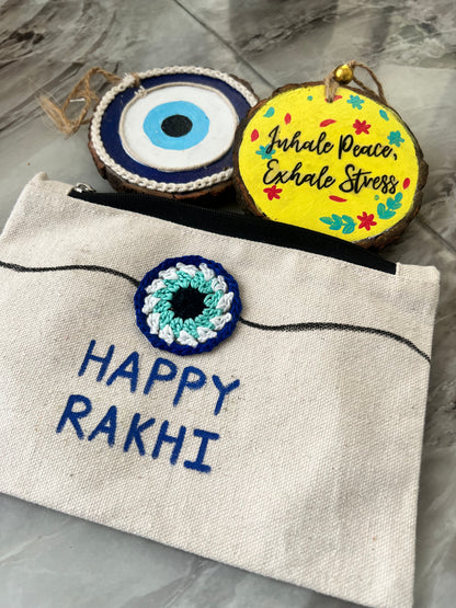 Rakhi Special Gift Combo – Handmade Wooden evil eye and inhale peace- Set with Canvas Pouch