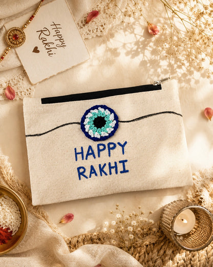 Rakhi Special Gift Combo – Handmade Wooden evil eye and inhale peace- Set with Canvas Pouch