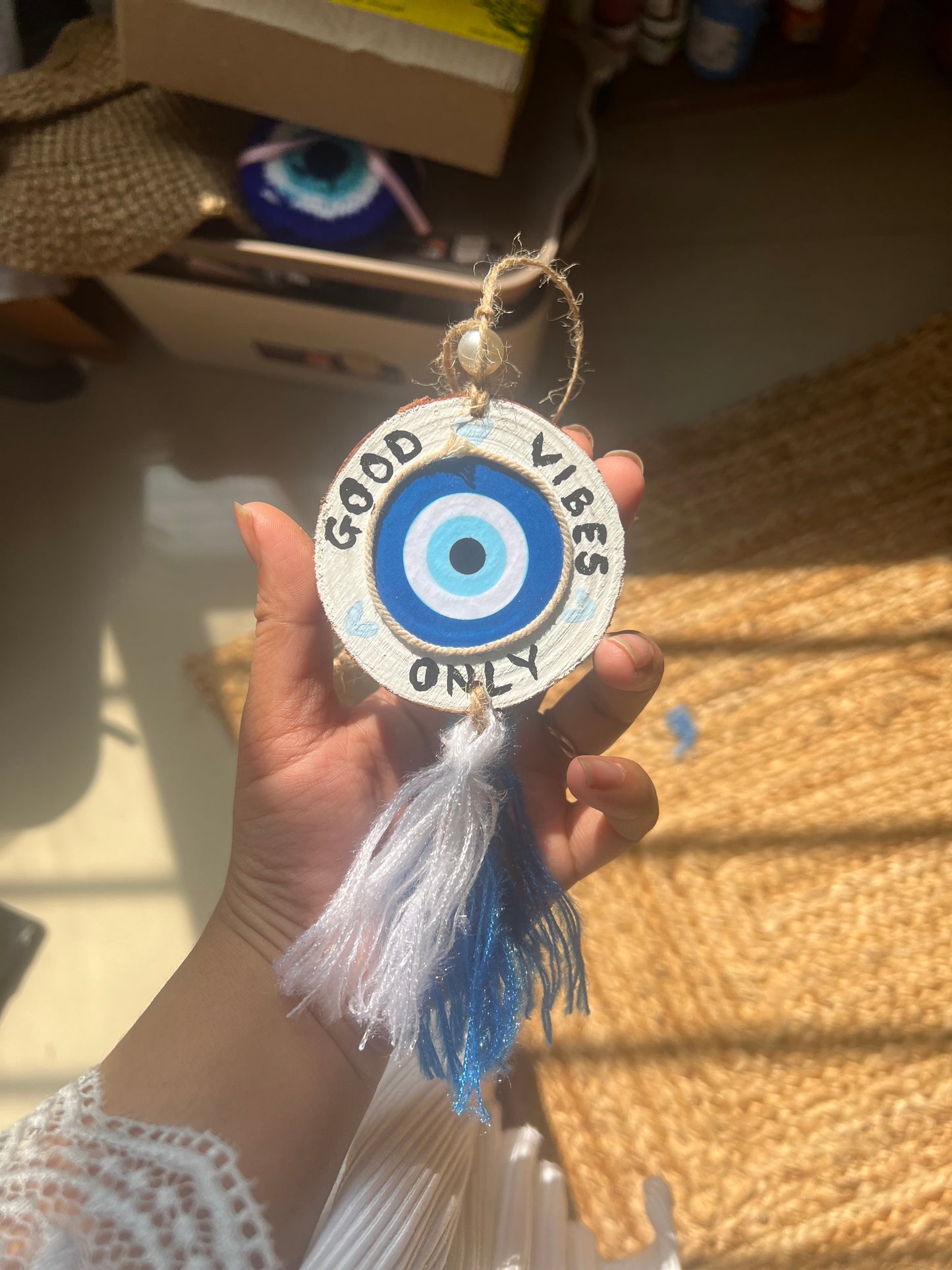 Good Vibes Only | Evil Eye & Wooden Car Charm