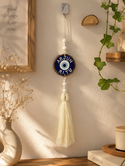 Couple name customised on Evil eye - wWith long threads and beads