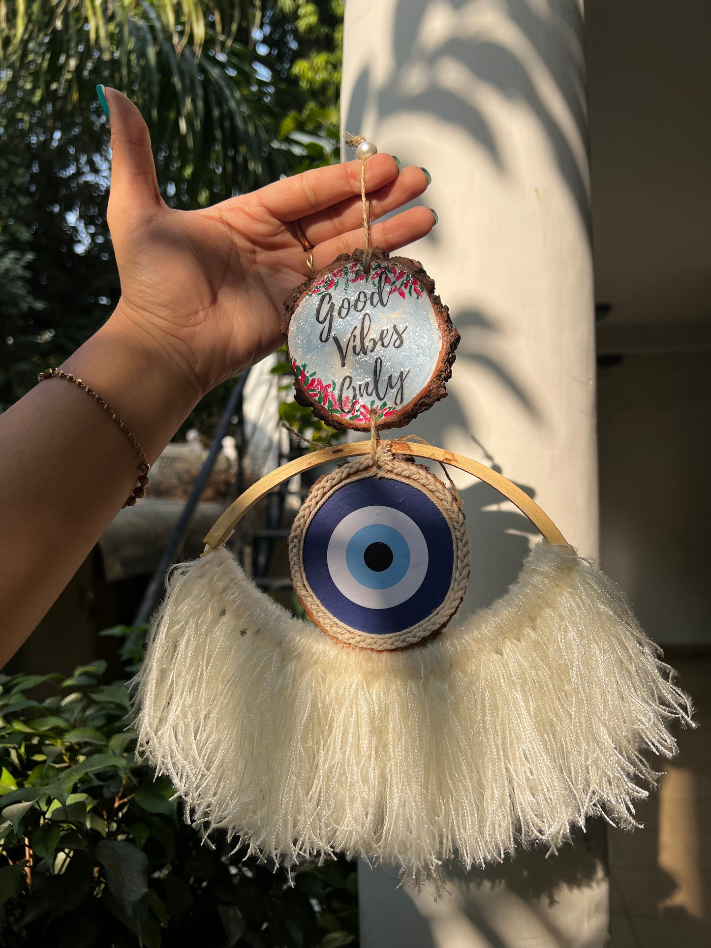 Aesthetic Good Vibes Only Evil Eye Hanging – Handmade Wall Décor