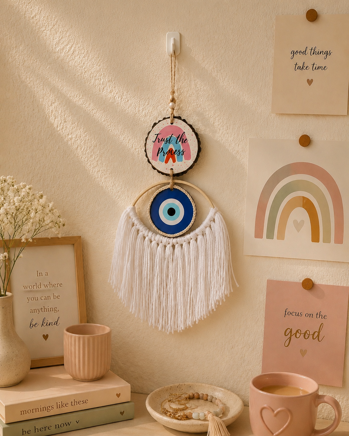 Trust the process evil eye macramé charm