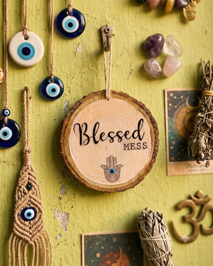 Blessed Mess Hamsa Wood Slice Hanging Decor – Boho Evil Eye Wall Ornament