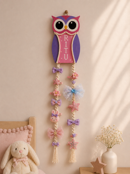 Handcrafted Boho Hair Clip Organizer – Personalized Wooden & Macramé Display