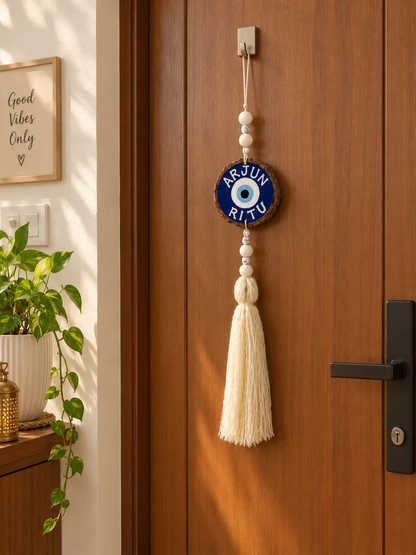 Couple name customised on Evil eye - wWith long threads and beads