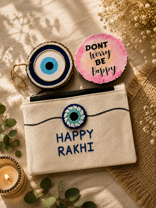 Rakhi Special Gift Combo – Handmade Wooden evil eye and dont worry be happy- Set with Canvas Pouch