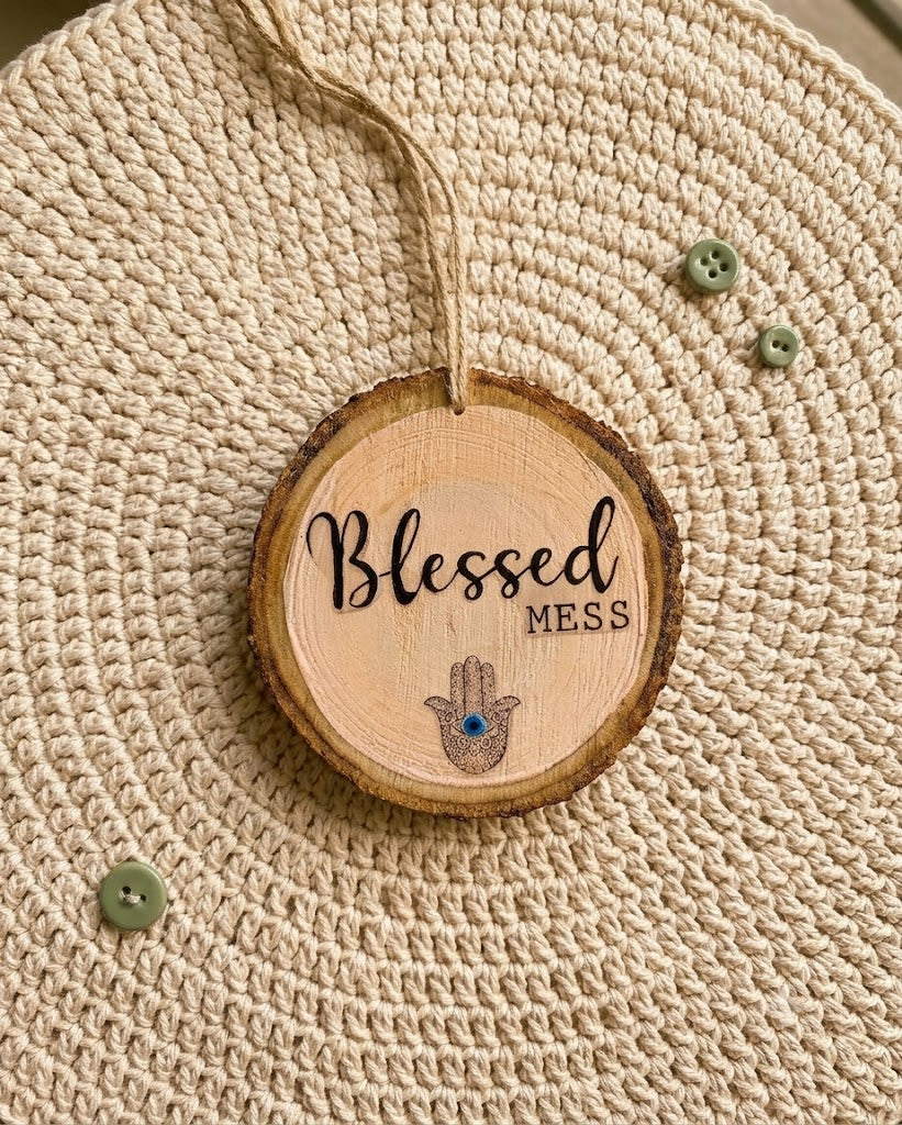Blessed Mess Hamsa Wood Slice Hanging Decor – Boho Evil Eye Wall Ornament