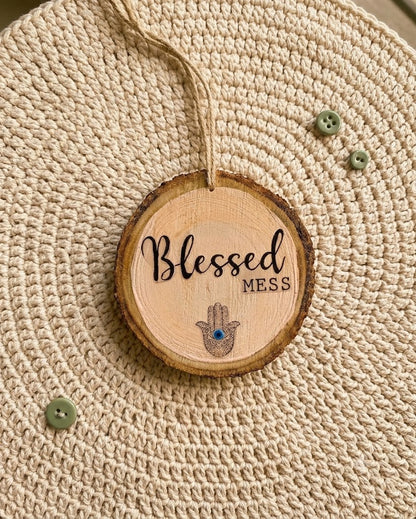 Blessed Mess Hamsa Wood Slice Hanging Decor – Boho Evil Eye Wall Ornament