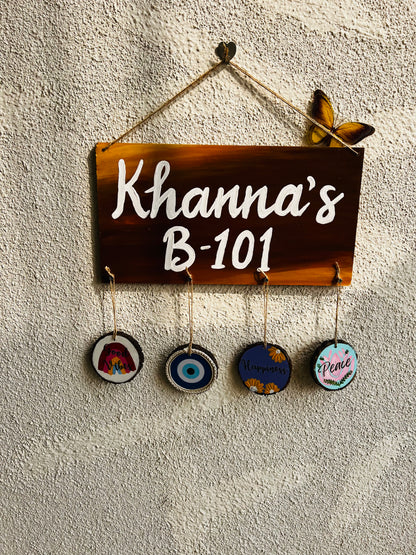 Custom Family Nameplate with 4 Hanging Charms – Personalized Wooden Wall Decor