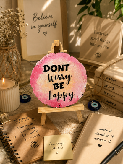 Don’t worry Be happy - painted wood log with stand