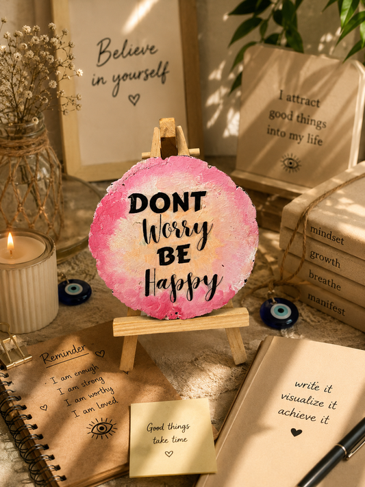 Don’t worry Be happy - painted wood log with stand