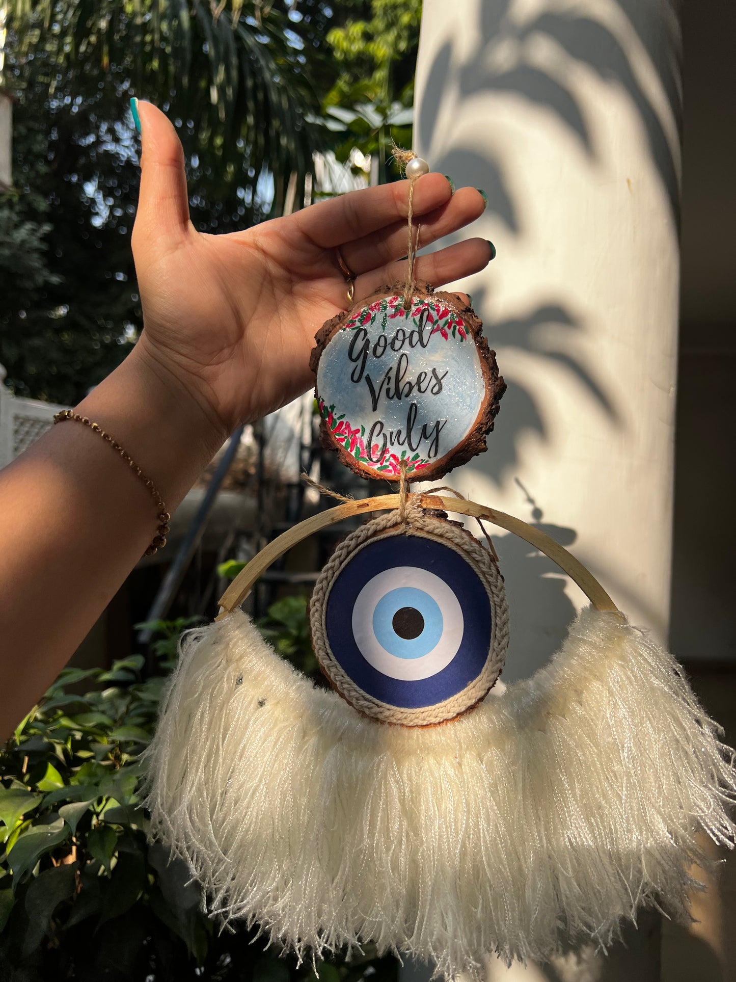 Aesthetic Good Vibes Only Evil Eye Hanging – Handmade Wall Décor