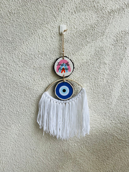 Trust the process evil eye macramé charm