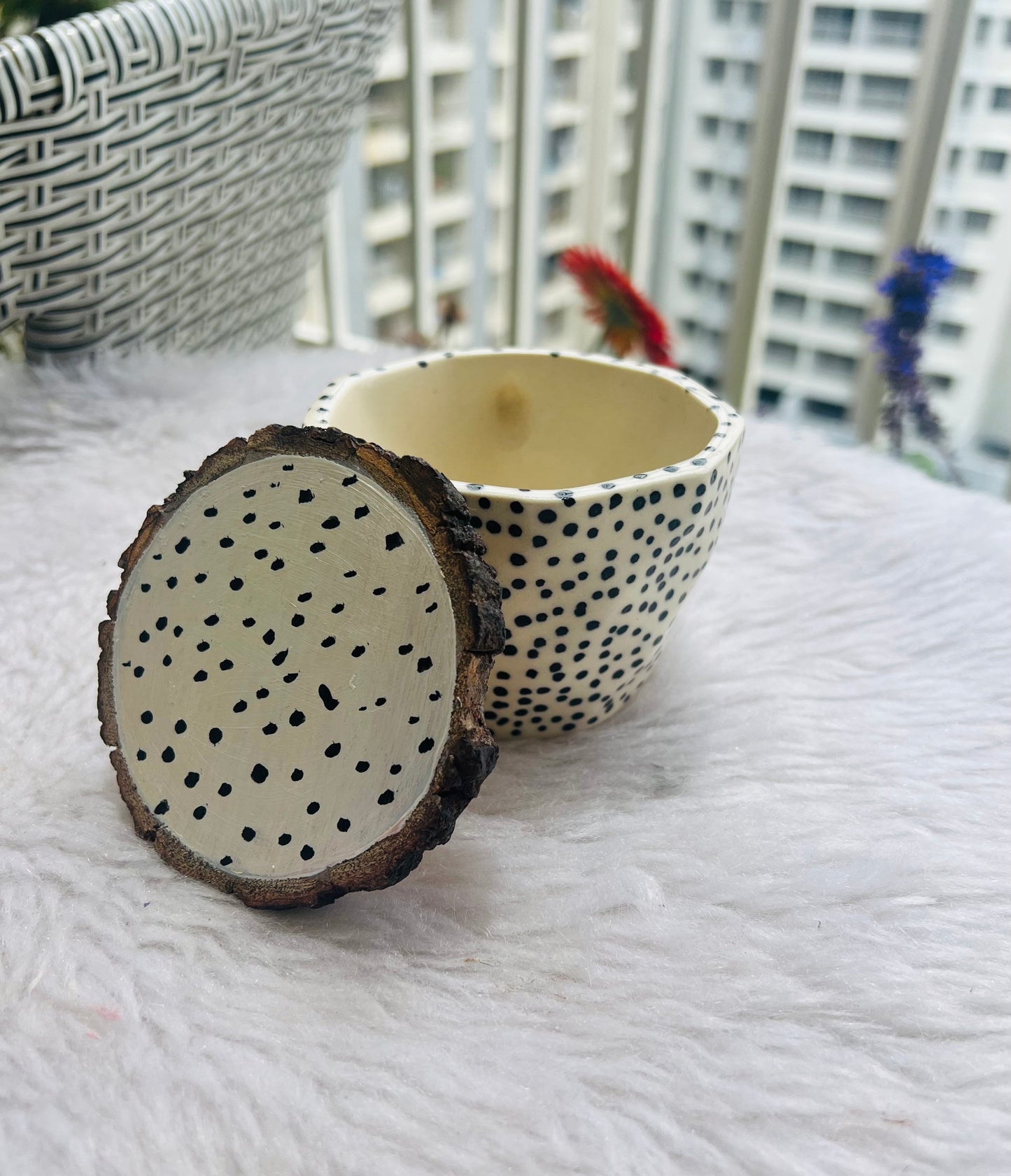 Black polka dot Coffee mug with Coaster