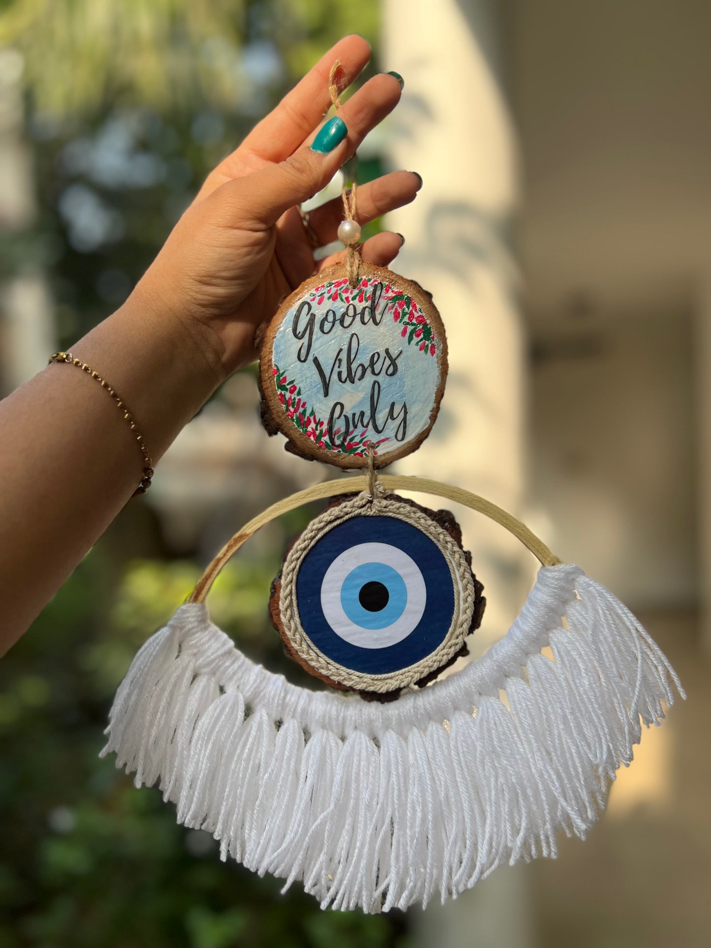 Good vibes Only evil eye macramé charm