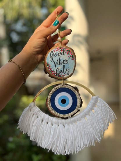 Good vibes Only evil eye macramé charm