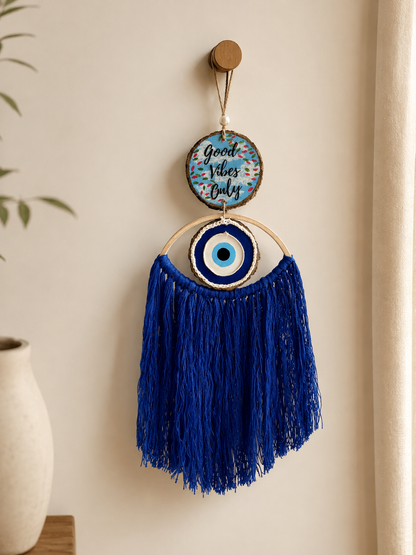 Good vibes only with Blue macrame evil eye- long threads