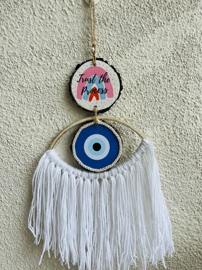 Trust the process evil eye macramé charm