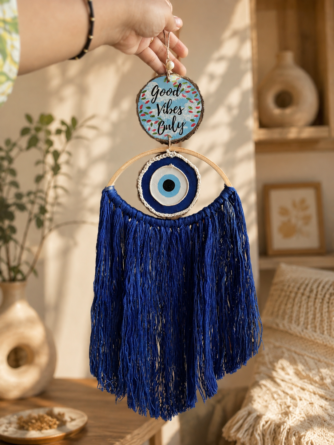 Good vibes only with Blue macrame evil eye- long threads