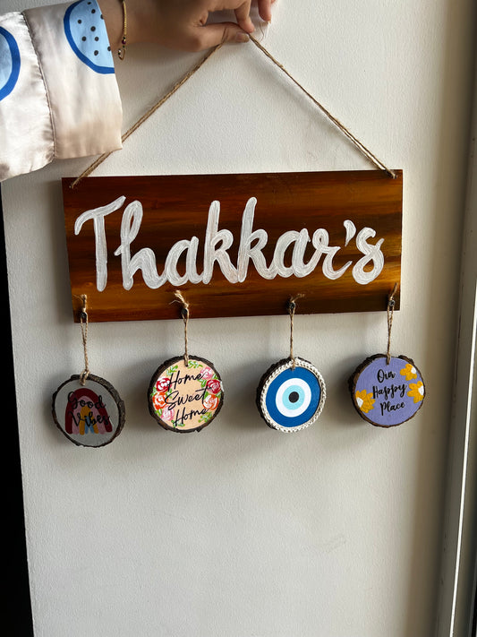 Custom Family Name Plate with 4 Personalised Charms | Rustic Home Decor