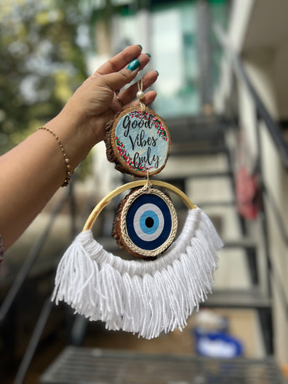 Good vibes Only evil eye macramé charm