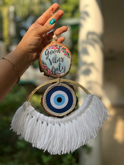 Good vibes Only evil eye macramé charm