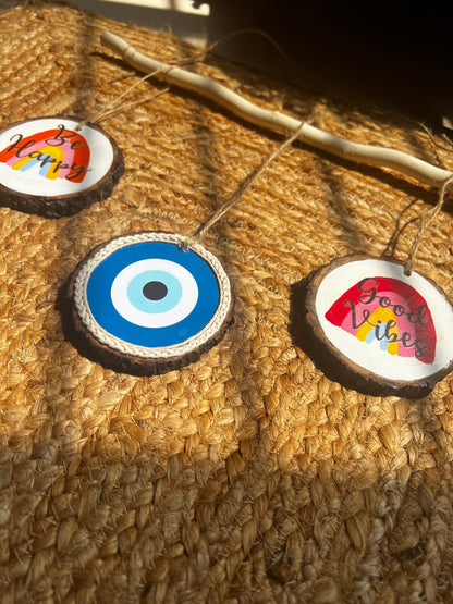 Good Vibes & Evil Eye Protection | Set of 3 Wooden Wall Hangings