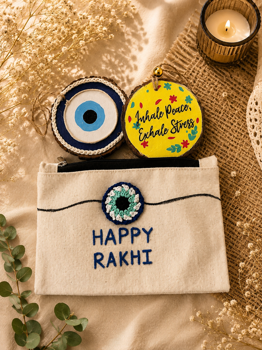 Rakhi Special Gift Combo – Handmade Wooden evil eye and inhale peace- Set with Canvas Pouch