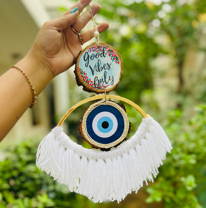 Good vibes Only evil eye macramé charm
