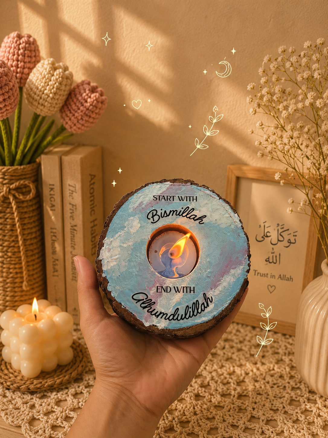 Handcrafted "Bismillah & Alhamdulillah" Wooden T-Light Candle Holder | 5-Inch Islamic Home Decor