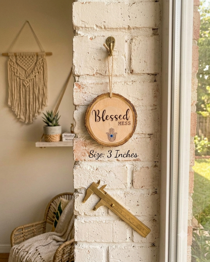 Blessed Mess Hamsa Wood Slice Hanging Decor – Boho Evil Eye Wall Ornament