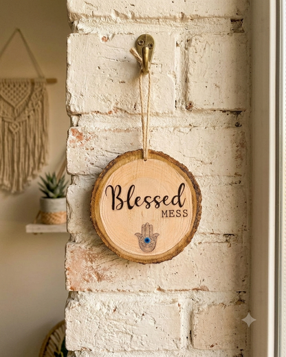 Blessed Mess Hamsa Wood Slice Hanging Decor – Boho Evil Eye Wall Ornament
